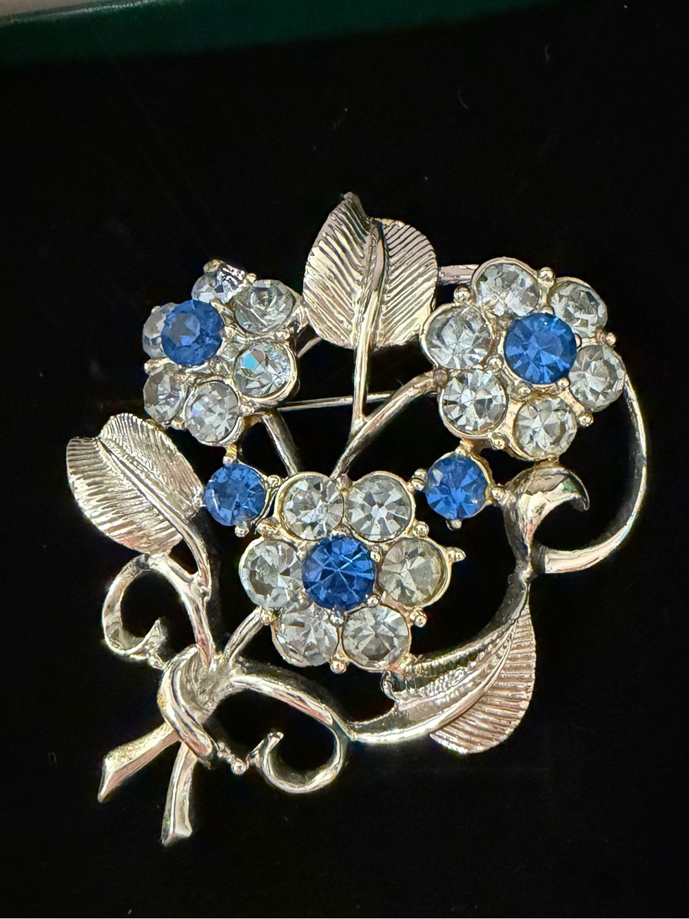 Vintage Coro Blue Sapphire Rhinestone Floral Brooch Silver Tone